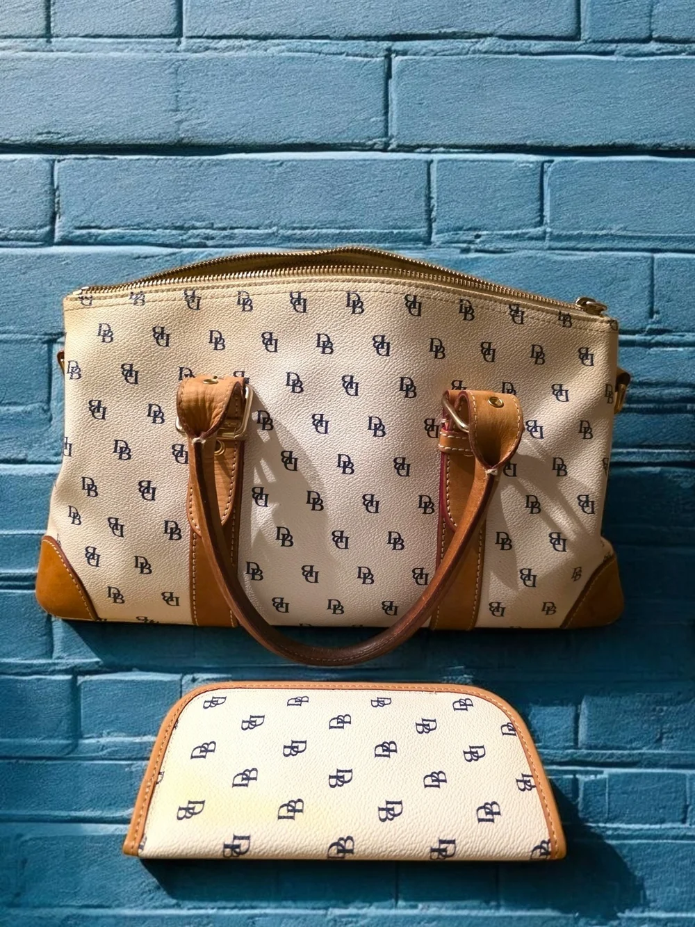 Dooney & Bourke Signature DB Monogram Satchel Tote & Matching Glass Case